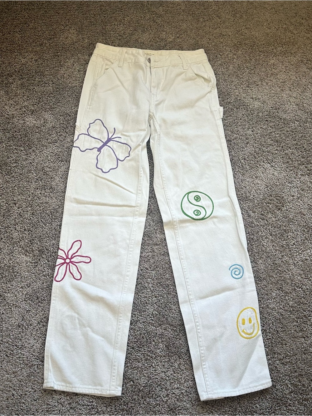 PacSun White Straight Leg Jeans with Multicolor Doodle Embroidery